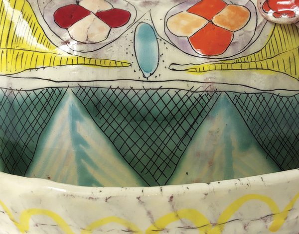 3 Kari Radasch’s Charm Butter Dish (detail), 81/2 in. (23 cm) in diameter, earthenware, terra sigillata, Deb’s Clear Revised by Kari glaze, Kanthal wire, fired to cone 03, 2018.