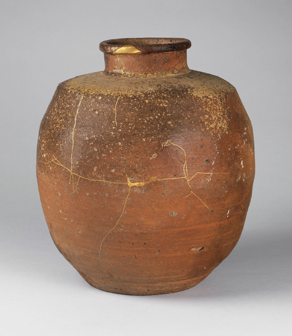 3 Japan, Shigaraki Jar (Tsubo), stoneware with natural-ash glaze and gold lacquer repairs, Edo Period, 17th century.
