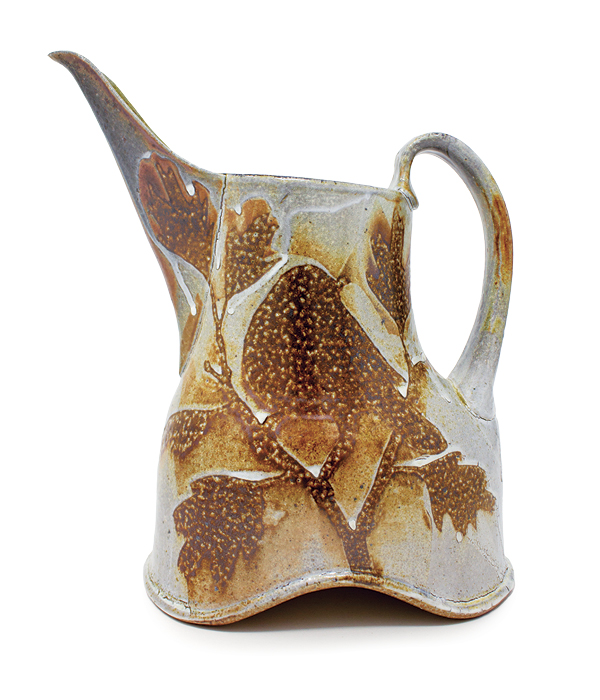1 Robin in Red Oak Beaked Pitcher, 11½ in. (29 cm) in height, wheel-thrown, altered, and assembled stoneware, colored base slip, hand-painted wax-resist decoration, bisque slip, wood fired to cone 10 with salt, 2022.