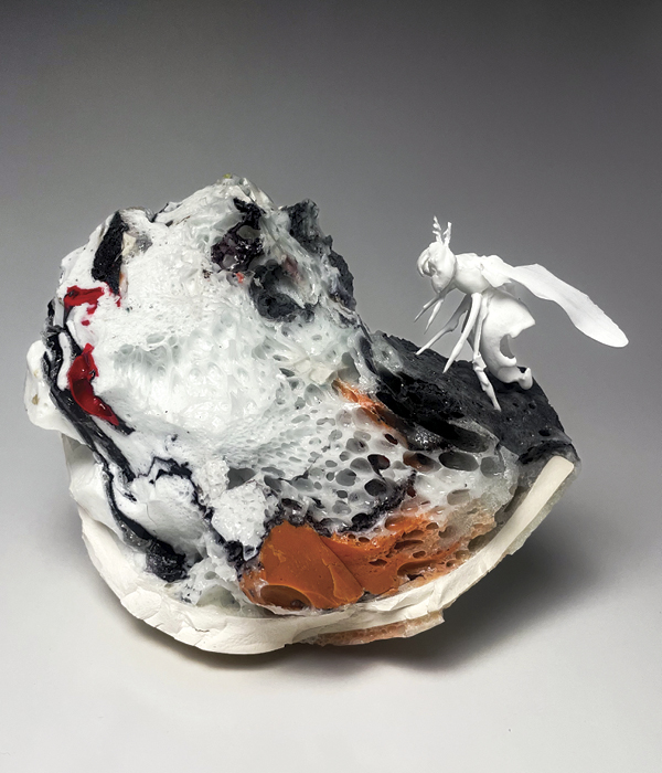 1 Mutated Hive II, 6 3/4 in. (17 cm) width, bone china, porcelain, thrown, burn outs, glass, glaze, fired in oxidation to 2336°F (1280°C), forced cooled, post-firing construction, 2022. Photo: Alicia Cox.