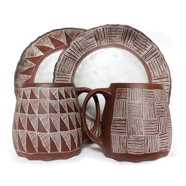 1 Mugs and Dessert Plates for Two, to 7 3/4 in. (20 cm) in width, red stoneware, underglaze, glaze, satin wash, fired to cone 6 in oxidation, 2022.