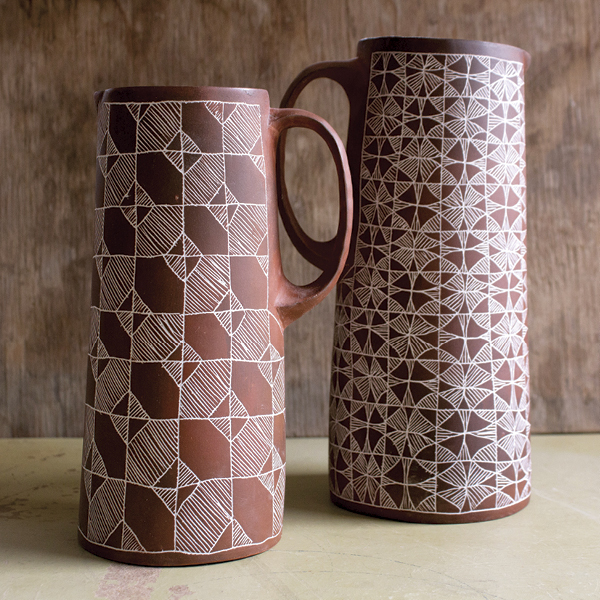 2 Pair of Pitchers, variable measurements, red stoneware, underglaze, glaze, satin wash, fired to cone 6 in oxidation, 2021.