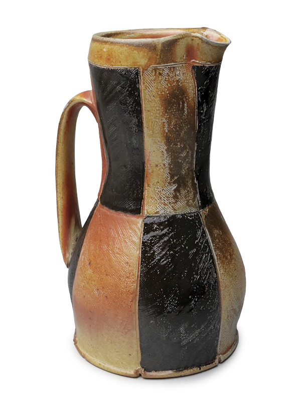 1 Matthew Sloan’s Checkerboard Pitcher, 10 in. (25 cm) in height, wheel-thrown and altered stoneware, Grolleg flashing slip, black slip, glaze, fired to cone 10 in a soda kiln, 2023.