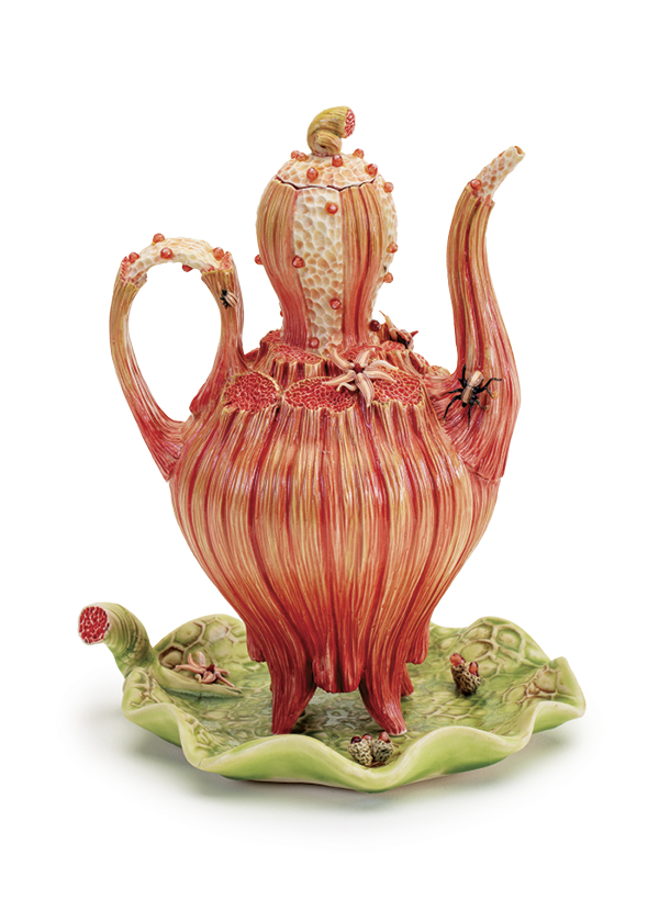 3 Bonnie Seeman and Micah Evans’ teapot and tray, 7 in. (18 cm) in height, glazed porcelain, glass, 2006. Photo: Jon Bolton.