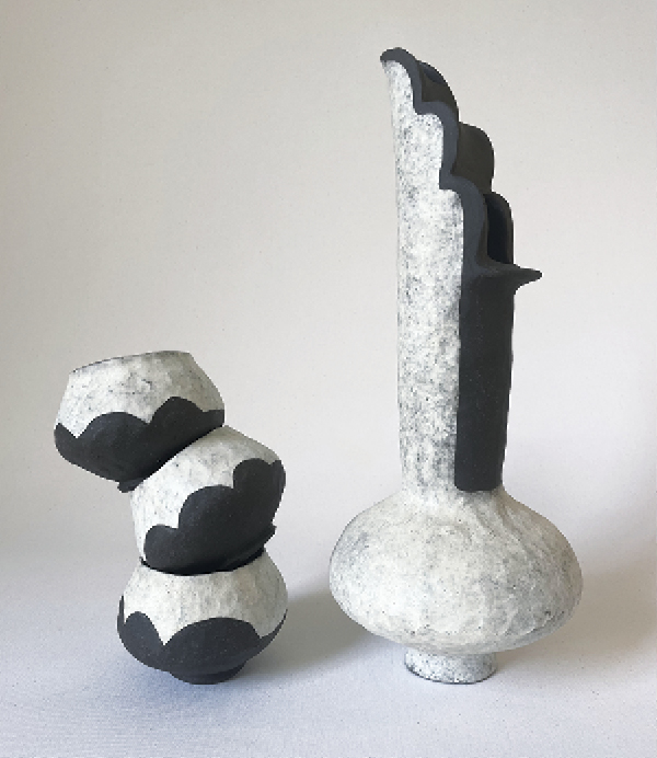 3 Candice Methe’s Black & White Pouring Unit and Cups, to 16 in. (41 cm) in height, stoneware, terra sigillatta, slip, glaze, 2023.