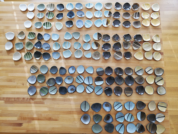 8 Glaze test tiles, to 2¼ in. (6 cm) in width, stoneware, porcelain, 2019.
