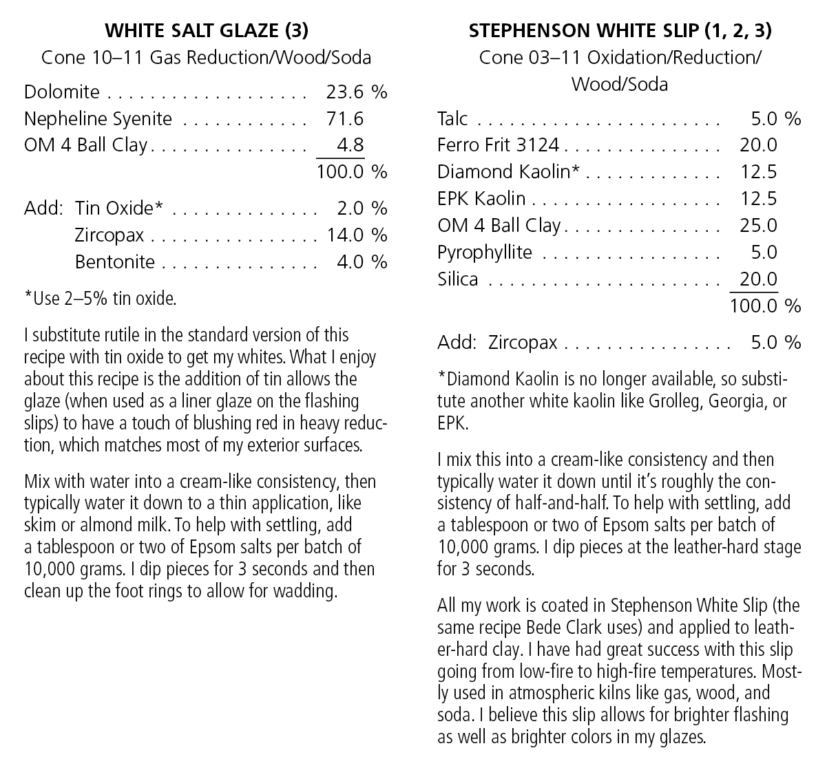 Recipes: White Salt Glaze and Stephenson White Slip