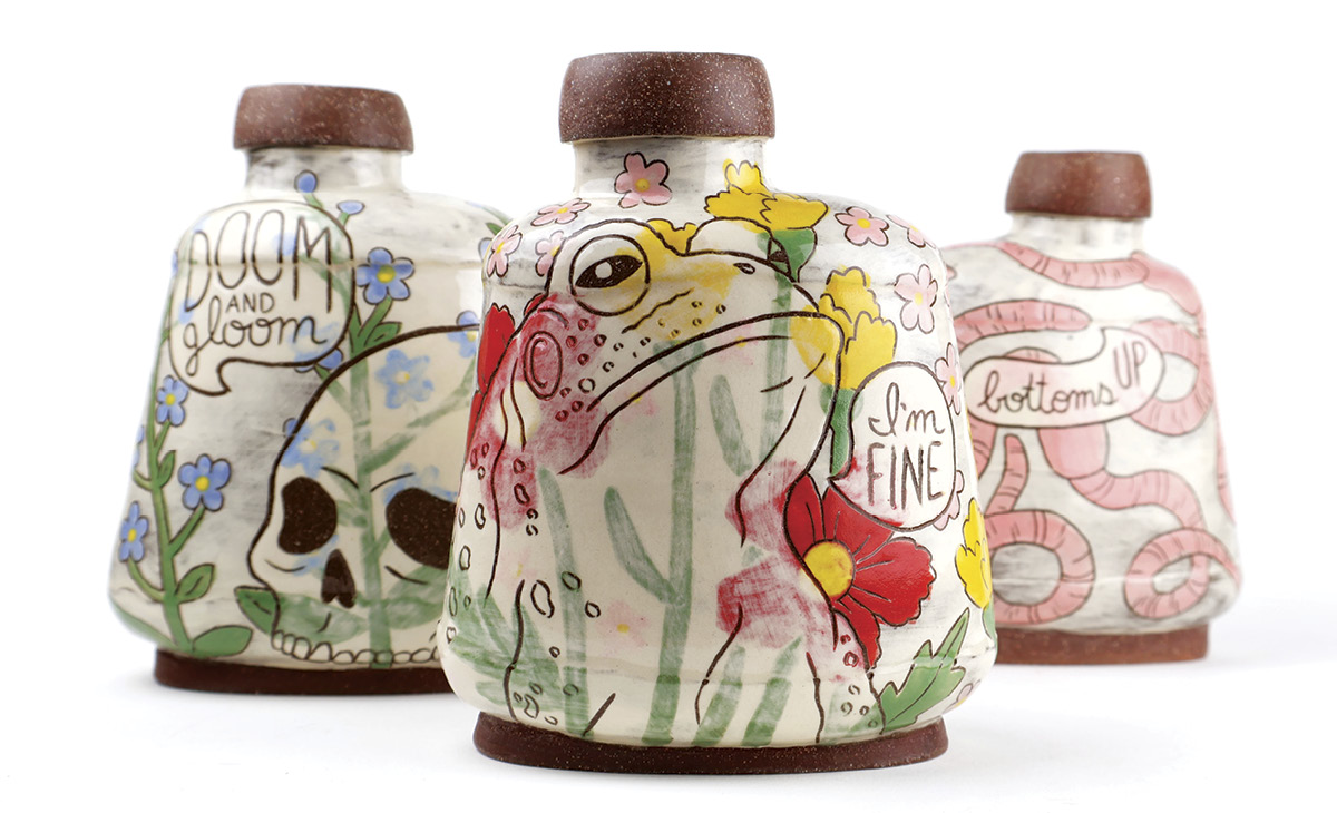 1 Flasks, 5½ in. (14 cm) in height, mid-range stoneware, slip, underglaze, glaze, 2024.