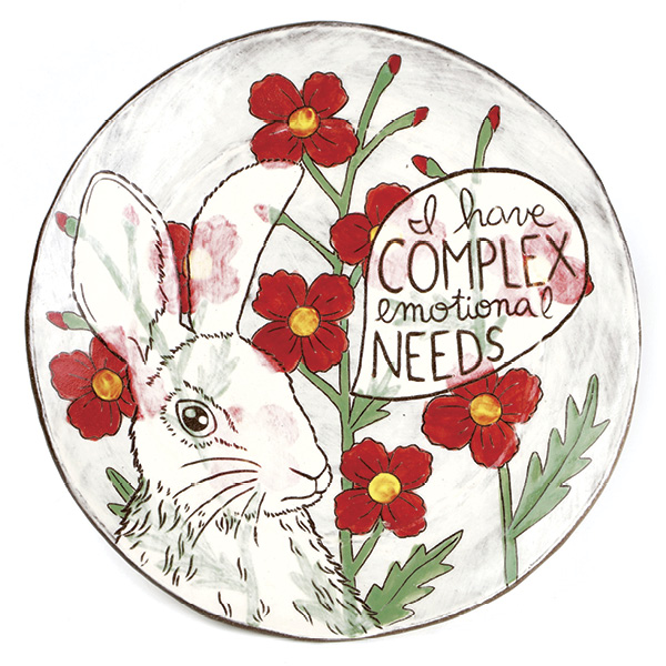 2 Complex Emotional Needs Plate, 8½ in. (21.6 cm) in diameter, mid-range stoneware, slip, underglaze, glaze, 2024.