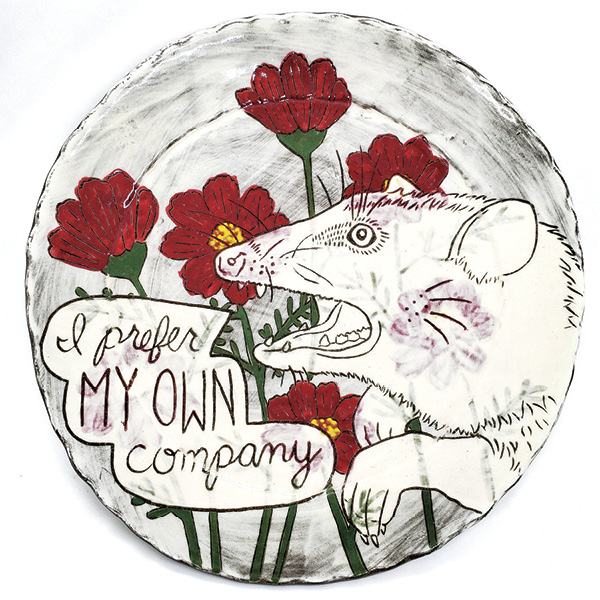 3 My Own Company Plate, 8½ in. (21.6 cm) in diameter, mid-range stoneware, slip, underglaze, glaze, 2021.