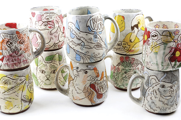 5 Footed mugs, 3½-4½ in. (9–11.4 cm) in height, mid-range stoneware, slip, underglaze, glaze, 2024.