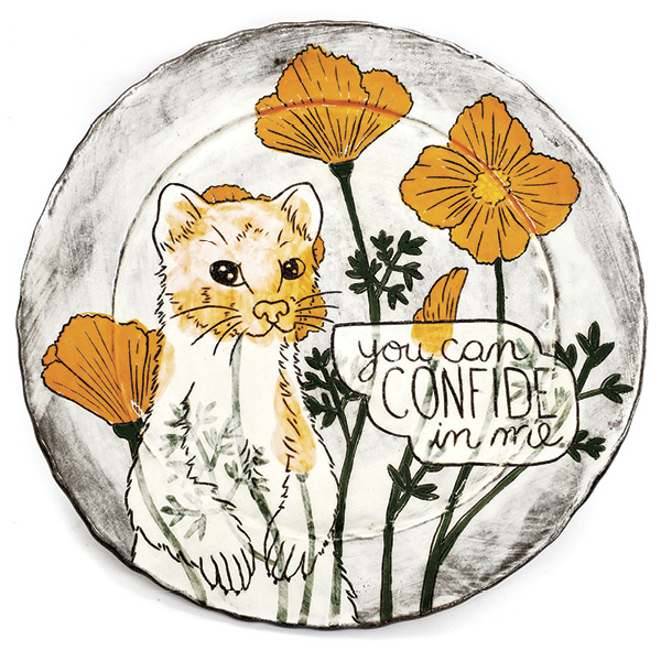 8 Confide in Me Plate, 8½ in, (21.6 cm) in diameter, mid-range stoneware, slip, underglaze, glaze, 2021.