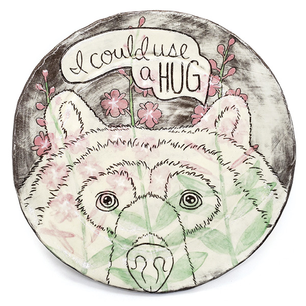 10 I Could Use a Hug Plate, 8½ in. (21.6 cm) in diameter, mid-range stoneware, slip, underglaze, glaze, 2022.