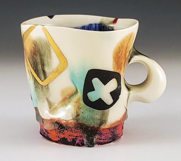 1 Mug, 4 in. (10.2 cm) in height, porcelain, stamped, underglaze, colored glazes, stain, fired in oxidation to cone 6, decals, 2023.