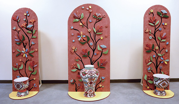 2 Jardin de Raíces Eternas, 7 ft. (2.1 m) in height, terra cotta, majolica, fired to cone 04, wood panel, paint, 2023.