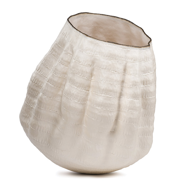 1 Shelter 9, 23½ in. (60 cm) in height, white stoneware and porcelain, terra sigillata, fired in oxidation to 1904°F (1040°C), smoke fired, 2023.