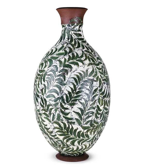 2 Trailing Vines Vase, 25 in. (63.5 cm) in height, Earthen Red Clay, Poorman’s Porcelain Slip, underglaze, satin-matte clear glaze, fired in oxidation to cone 5, 2024.