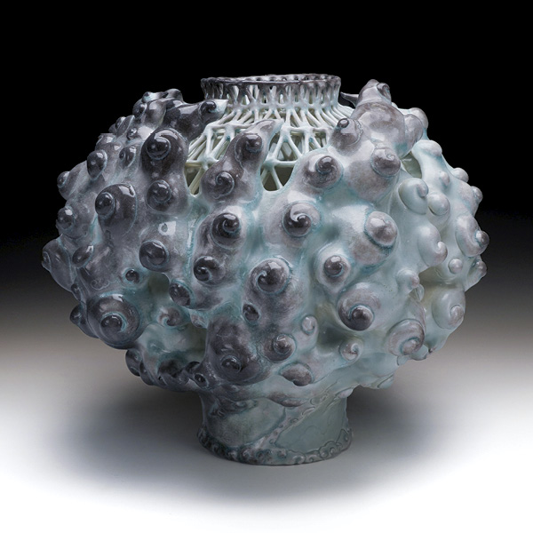 1 Rendering Moon Jar, 11 in. (28 cm) in width, porcelain, glaze, soda fired to cone 10, 2024.