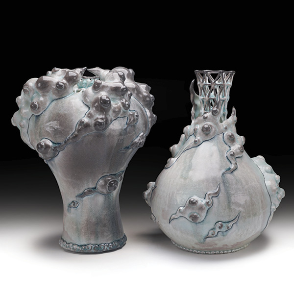 3 Rendering Maebyeong and Yuhuchunping Vases, to 11½ in. (29.2 cm) in height, porcelain, underglaze, glaze, soda fired to cone 10, 2024.