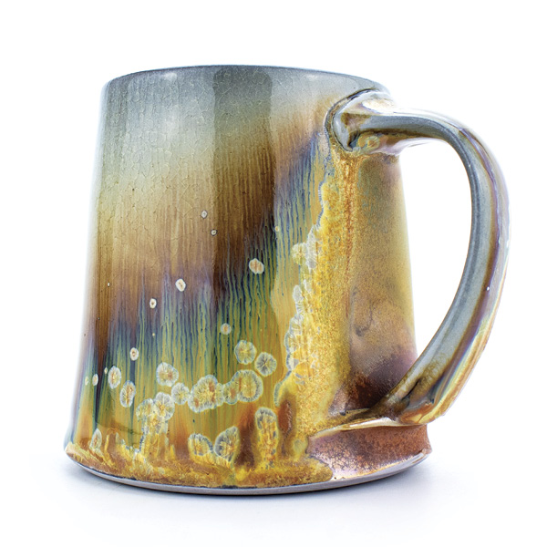 1 Mini mug, Laguna B-mix porcelaneous stoneware, shino glaze liner, layered glazes, wood-soda fired.