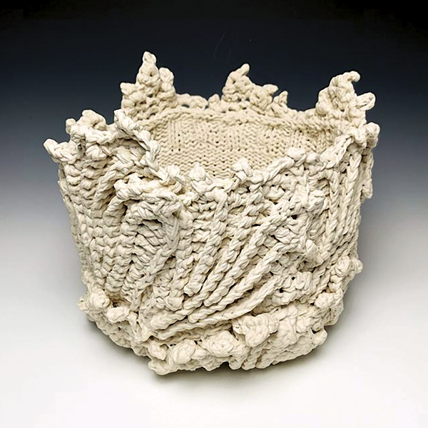 1 Lisa Belsky’s Crochet Leaf Vessel 2, 10 in. (25 cm) in width, porcelain, 2023.