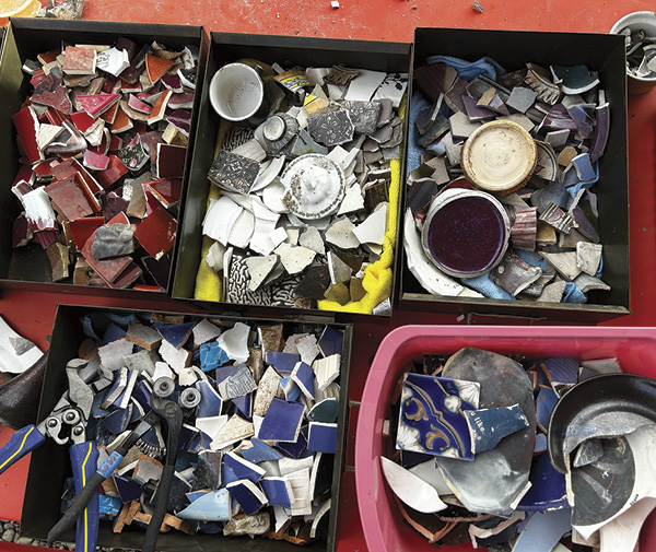 5 Cleaned and sorted shards recovered from the ashes of thousands of consumed homes are ready to be incorporated into the 1,000 Voices mosaic, in Altadena.