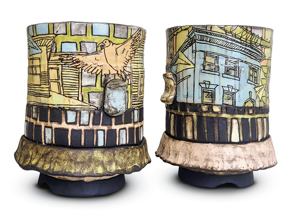 1 Autumn McKay's Tumblers, 6 in. (15.2 cm) in height, mid-range clay, terra sigillata, glaze, fired to cone 5 in an electric kiln, 2025.