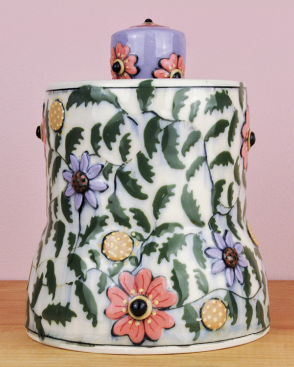 1 Be Rose's Poppy jar from Fall Series 2025, 5 in. (12.7 cm) in diameter, wheel-thrown porcelain, stained porcelain, slip, fired to cone 6 in an electric kiln, 2025.