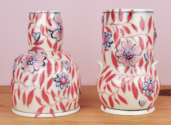 2 Be Rose's Two bud vases from Love Series 2026, 5¾ in. (14.6 cm) in diameter, wheel-thrown porcelain, stained porcelain, slip, fired to cone 6 in an electric kiln, 2026.