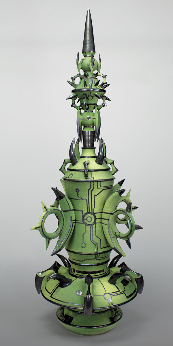 2 Brady Fanning's Insectile Circuitry, 3 ft. 7 in. (1.1 m) in height, wheel-thrown and altered white stoneware, Amaco underglaze, gloss glaze, fired in oxidation to cone 6, tape, vinyl cut stickers, 2025.