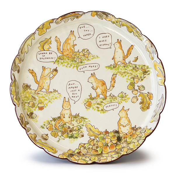 1 Celia Feldberg's Collecting Acorns (platter), 15 in. (38.1 cm) in height, earthenware, slip, underglaze, glaze, fired in oxidation to cone 03, 2025.