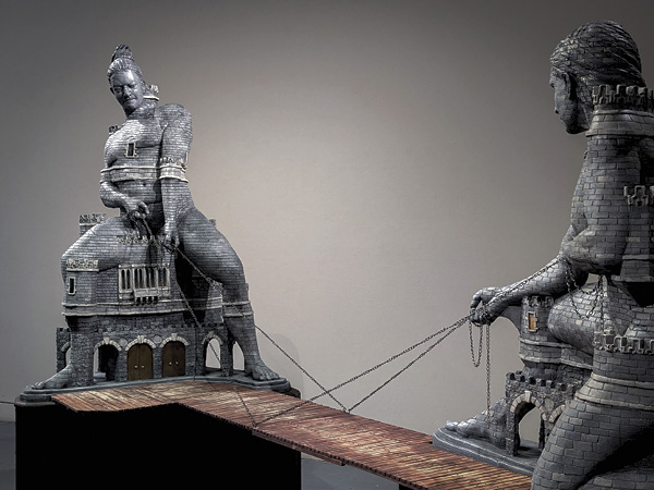 2 CJ Carter's Suspension Bridge (Determination & Fortitude), 11 ft. (3.3 m) in width, stoneware, latex paint, pigment, wood, metal, resin, hardware, chain, 2025.