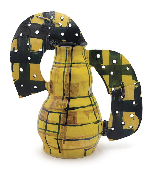 1 Corinna Cowles' Ochre, Plaid, Oh My!, 17 in. (43.2 cm) in height, handbuilt stoneware, dyed slip, washes, glaze, nichrome wire, fired to cone 6 in an electric kiln, moldable epoxy, 2025.