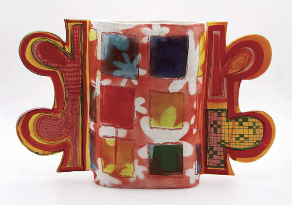 2 Corinna Cowles' Go Wide, 20½ in. (52.1 cm) in width, handbuilt stoneware, brushed and airbrushed underglazes, underglaze pencils/pastels, glaze, fired to cone 6 in an electric kiln, 2025.