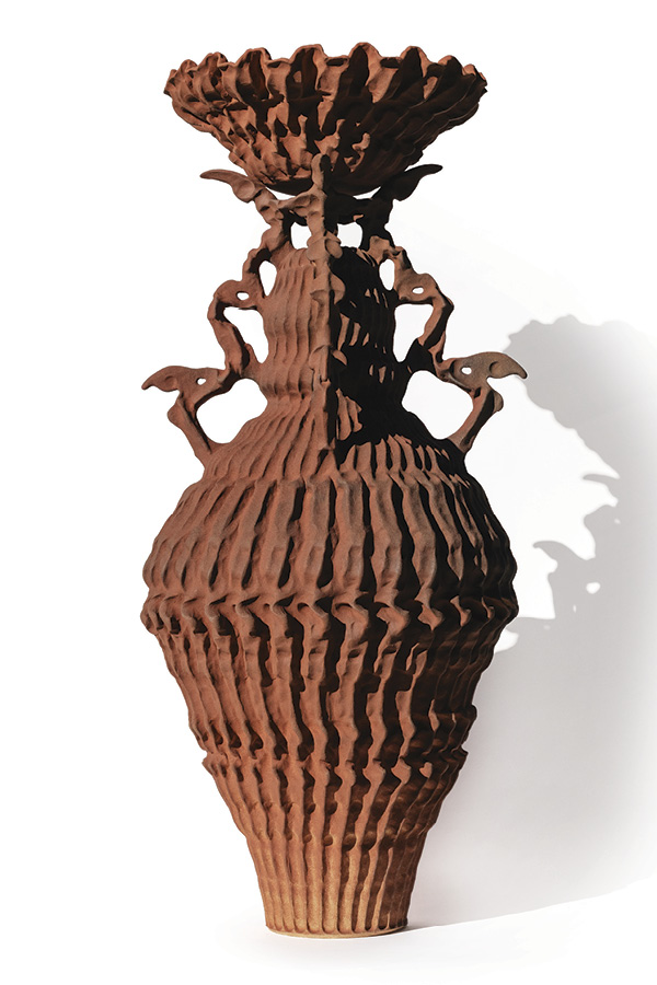 2 Grace Potter's Timekeeper (Vessel of the Vulture), 36 in. (91.4 cm) in height, coiled and pinched stoneware, local clay slip, fired in reduction to cone 7 in a gas kiln, 2025.