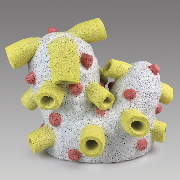 2 Kate Sutter's 2 Poof Study no.8, 12½ in. (31.7 cm) in width, coil-built ceramic foam, fired low in a gas kiln, 2025.
