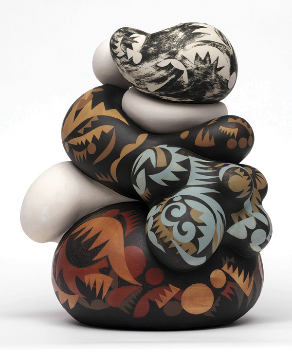 1 Olga Siruk's Rite of Becoming, 26¾ in. (68 cm) in height, handbuilt stoneware, paper-resist decoration, underglazes, fired in oxidation to 2246°F (1230°C), 2025.