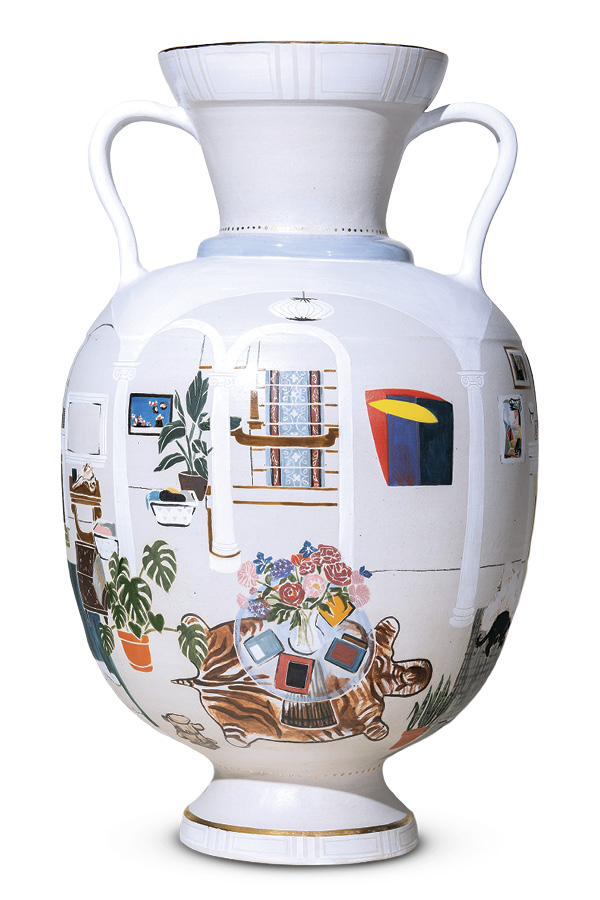 1 Olivia Propeck's M. Family Home, 28 in. (71.1 cm) in height, stoneware, underglaze, glaze, fired to cone 6, china paint, gold luster, fired to cone 020, 2025.
