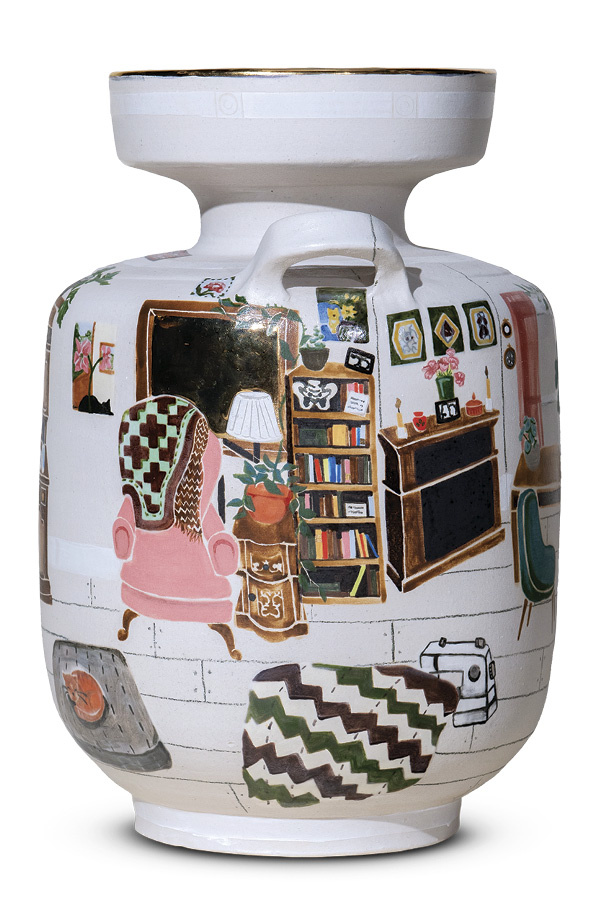 2 Olivia Propeck's Pennington Home, 14 in. (35.5 cm) in height, stoneware, glaze, china paint, gold luster, 2025. Photos: Bret Woodard.