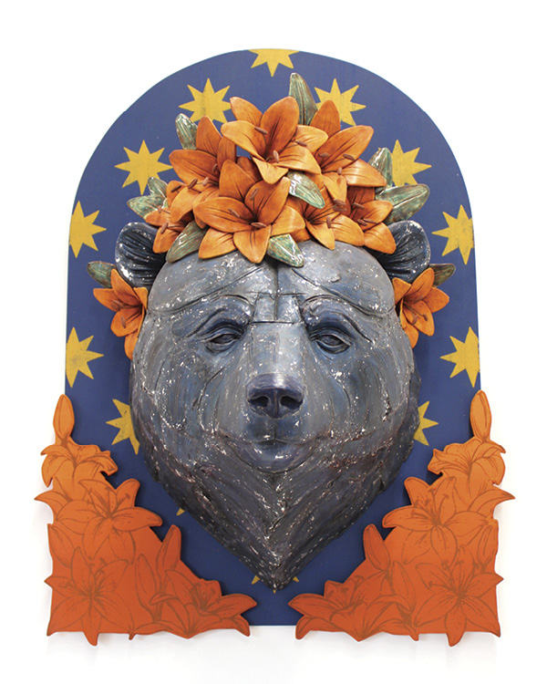 2 Shelsea Dodd's Callisto, 30 in. (76.2 cm) in height, earthenware, terra sigillata, underglaze, oxides, glaze, nichrome wire, fired to cone 04 in an electric kiln, MDF, paint, 2025.