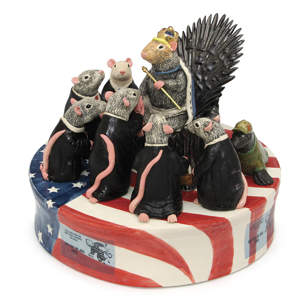 1 Amber Aguirre’s Immunity, 12 in. (30.5 cm) in diameter, porcelain, stains, glazes, brass, 2024.