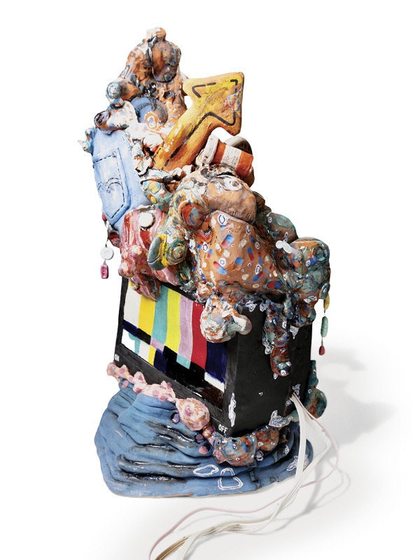 4 Jillian Mae Seversky’s You Wait in the Emergency Room With Your Father on Hold With Insurance, 39 in. (99 cm) in height, ceramic, glaze, nichrome wire, mixed media, 2025.