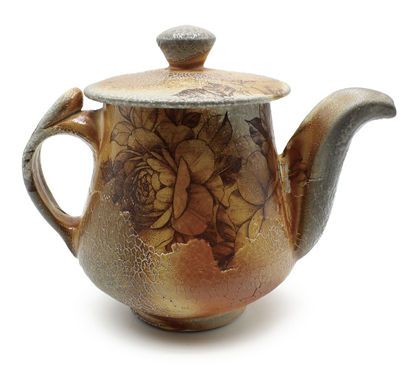 5 Jessica Wilson’s Layers Series–Teapot, 8½ in. (21.6 cm) in width, wheel-thrown porcelain, fired to cone 10 in a soda kiln, decals, 2025.