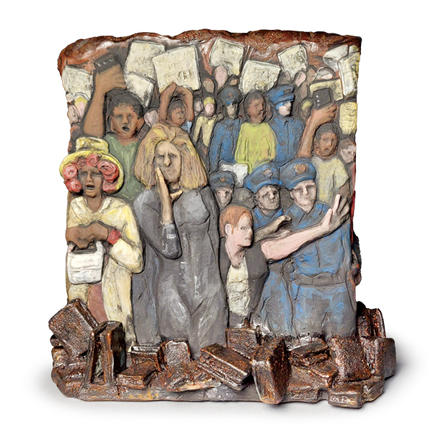 8 Mac McCusker’s History Repeats Itself, 10 in. (25.4 cm) in height, slab-built and sculpted earthenware, underglazes, fired to cone 02, 2026.