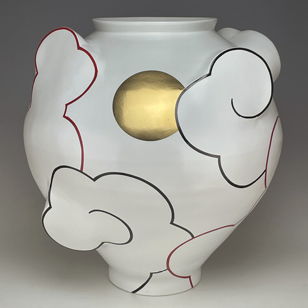 2 Sam Chung’s Cloud Moon Jar, 24 in. (61 cm) in height, wheel-thrown and altered porcelain, gold luster, overglaze, 2025.