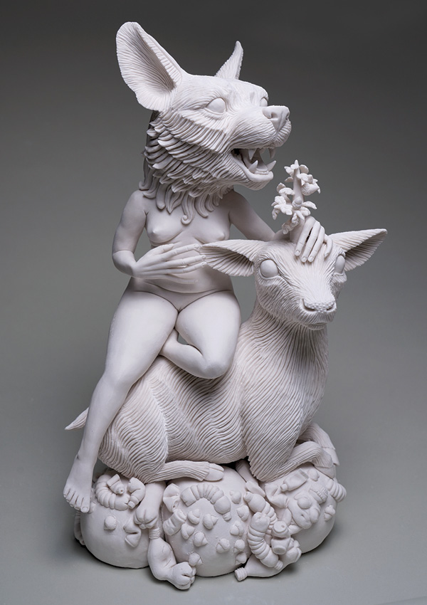 1 Crystal Morey’s Replanting: Mountain Lion and Unicorn, Over the Land, 17½ in. (44.5 cm) in height, mid-range porcelain, 2022.
