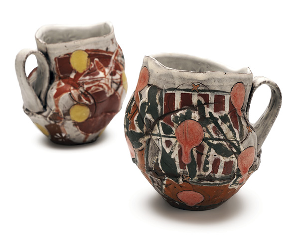 1 Breana Ferreira’s Collaged Glaze Dots Mugs, 4 in. (10.2 cm) in height each, stoneware, underglaze, glaze, fired in oxidation to cone 5 in an electric kiln, 2026.