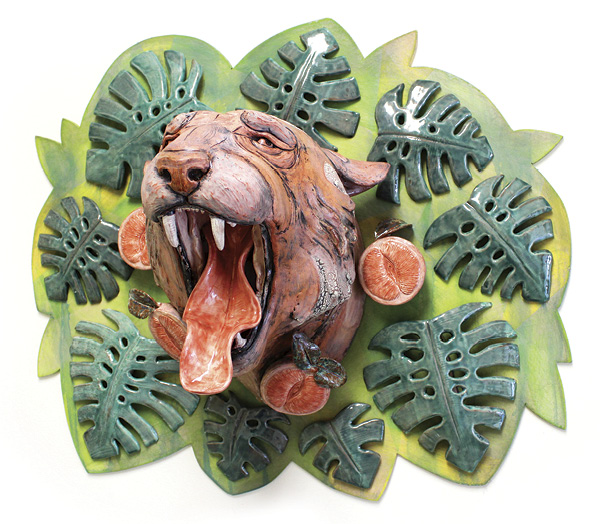 1 Shelsea Dodd’s Rubyfruit Jungle, 2 ft. (61 cm) in height, earthenware, terra sigillata, underglaze, oxides, Erdahl Activation Wash, Shelsea’s Frit Wash, SDSU Crawl, fired in oxidation to cone 04, mixed media, 2018.