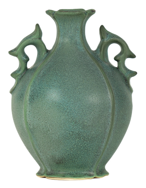 4 Chance Taylor’s vase, 7 in. (17.8 cm) in height, porcelain, Heino Matte Green, fired in oxidation to cone 7, 2025.