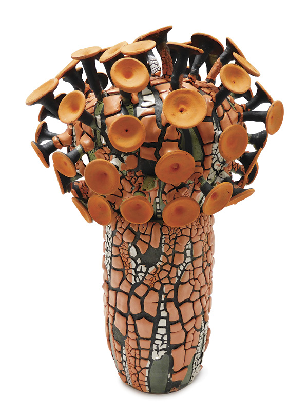 1 Donna Namnoum’s Orange Poppy Jar, 14 in. (36 cm) in height, wheel-thrown and assembled stoneware, glaze, underglaze, fired to cone 5 in an electric kiln, 2023.